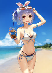 Rule 34 | 1girl, absurdres, alternate costume, animal ears, arm strap, beach, bikini, blue hair, blue sky, blurry, blurry background, blush, breasts, cleavage, cloud, cloudy sky, commentary, cowboy shot, cup, day, disposable cup, drink, drinking straw, eyewear on head, highres, holding, holding cup, hololive, light blue hair, looking at viewer, medium breasts, mimihachi, navel, o-ring, o-ring bikini, o-ring top, ocean, open mouth, outdoors, rabbit-shaped pupils, rabbit ears, red-tinted eyewear, red eyes, short hair, short twintails, side-tie bikini bottom, sky, smile, solo, standing, stomach, sunglasses, swimsuit, symbol-shaped pupils, thick eyebrows, tinted eyewear, twintails, usada pekora, virtual youtuber, wet, white bikini