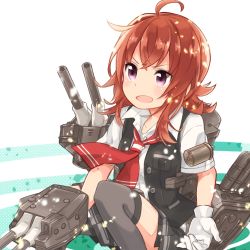 Rule 34 | 10s, 1girl, ahoge, alternate eye color, arashi (kancolle), b allbrack, belt, blouse, cannon, depth charge, gloves, grey thighhighs, kantai collection, kerchief, long hair, machinery, messy hair, open mouth, pleated skirt, purple eyes, red hair, school uniform, shirt, skirt, smile, solo, thighhighs, turret, vest, white background, white gloves, white shirt