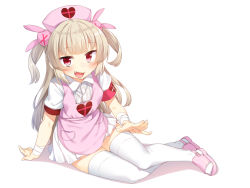 Rule 34 | 1girl, :d, apron, bandages, blunt bangs, blush, brown hair, fang, full body, hat, long hair, looking at viewer, natori sana, nurse cap, open mouth, pink apron, racer (magnet), red eyes, sana channel, shirt, simple background, smile, solo, thighhighs, two side up, virtual youtuber, white background, white shirt, white thighhighs