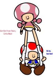 Rule 34 | . ., 1boy, 1girl, arms up, black eyes, blue vest, blush, blush stickers, brown footwear, closed mouth, dress, english text, full body, happy, laughing, looking at another, looking down, mario (series), nintendo, panties, pigeon-toed, pink dress, shoes, short dress, simple background, sleeveless, sleeveless dress, smile, standing, talking, thighhighs, toad (mario), toadette, underwear, upskirt, vest, vilepluff, what, white background, white panties, white thighhighs