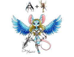 Rule 34 | absurdres, angel, armor, breasts, darcmon, digimon, digimon (creature), furry, fusion, highres, medium breasts, mouse girl, original, sistermon ciel, sword, weapon, wings