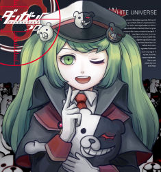 Rule 34 | 1girl, bear hat, black cape, cape, collared coat, collared jacket, collared shirt, cover, crosshair, cuffs, danganronpa (series), danganronpa another episode: ultra despair girls, diamond-shaped pupils, diamond (shape), english text, eyebrows hidden by hair, fake magazine cover, finger on cheek, finger on chin, gloves, green eyes, green hair, hat, highres, jacket, japanese text, latin text, long eyelashes, long sleeves, looking at viewer, lorem ipsum, magazine cover, matching hair/eyes, military, military hat, military uniform, monokuma, multiple mascots, necktie, neckwear request, one eye closed, open mouth, pointing, pointing at self, pointing finger, pointing up, red jewel, red neckwear, shawl, shirt, simple background, symbol-shaped pupils, teeth, toothy grin, towa monaca, twintails, uniform, upper body, upper teeth only, white gloves, wink