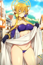 Rule 34 | 1girl, armpits, bikini, blonde hair, blurry, blurry background, breasts, closed mouth, collar, earrings, eyebrows hidden by hair, feet out of frame, genie, gloves, hair between eyes, halo, highres, hiya (lv2 cheat), jewelry, large breasts, large earrings, light blush, lindaroze, long hair, looking at viewer, lv2 kara cheat datta moto yuusha kouho no mattari isekai life, metal collar, pointy ears, purple bikini, purple gloves, robe, signature, smile, solo, swimsuit, town, twintails, very long hair, white robe, yellow eyes, yellow halo