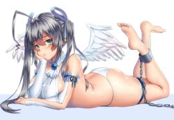 Rule 34 | 1girl, ahoge, angel wings, arm garter, ass, bare legs, bare shoulders, barefoot, bdsm, bell, bikini, black hair, blush, bondage, bound, breasts, brooch, bursting breasts, chain, closed mouth, cuffs, detached collar, detached sleeves, expressionless, eyebrows, feet, feet up, full body, gem, green eyes, hair between eyes, hair ribbon, hand on own cheek, hand on own face, head tilt, jewelry, jingle bell, keita (tundereyuina), large breasts, legs up, lips, long hair, long sleeves, looking at viewer, lying, on stomach, original, ribbon, shackles, sideboob, soles, solo, swimsuit, the pose, thigh strap, toes, twintails, uneven twintails, white bikini, white wings, wings