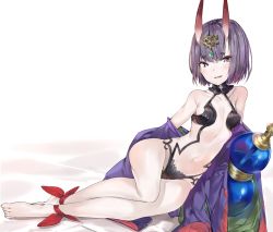 Rule 34 | 1girl, ankle ribbon, barefoot, black ribbon, blush, bottle, breasts, collarbone, fangs, fate/grand order, fate (series), foreshortening, headpiece, highres, horns, leg ribbon, looking at viewer, lying, navel, on side, parted lips, purple eyes, purple hair, revealing clothes, ribbon, short hair, shuten douji (fate), shuten douji (first ascension) (fate), silver (chenwen), skin-covered horns, small breasts, smile, solo, stomach, thick eyebrows