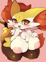 Rule 34 | 1girl, animal ear fluff, animal ears, animal nose, black fur, blush, body fur, braixen, breasts, creatures (company), female focus, fox ears, fox girl, fox tail, full body, furry, furry female, game freak, gen 6 pokemon, hand on own chest, hand to own mouth, hands up, happy, highres, huge breasts, kneeling, large areolae, nekoyuu, nintendo, nipples, open mouth, pink background, pokemon, pokemon (creature), puffy nipples, red eyes, simple background, smile, snout, solo, stick, tail, white fur, yellow fur