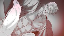 Rule 34 | 2boys, abs, anal, bara, character request, gge, gradient background, male focus, male penetrated, monochrome, multiple boys, muscular, nipples, pectorals, ryuu ga gotoku (series), sex, smile, undressing, yaoi