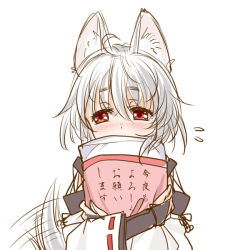 Rule 34 | 1girl, animal ears, blush, bridal gauntlets, covering own mouth, flying sweatdrops, hugging object, inubashiri momiji, kei kei, kourindou tengu costume, long sleeves, no headwear, pillow, pillow hug, red eyes, ribbon-trimmed sleeves, ribbon trim, silver hair, simple background, solo, tail, tail wagging, touhou, translation request, wide sleeves, wolf ears, wolf tail, yes-no pillow