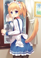 Rule 34 | 1girl, :o, animal ears, apron, bad id, bad pixiv id, bell, black pantyhose, blonde hair, blue eyes, blue skirt, blush, breasts, building, cat ears, cat tail, cleaning, cleaning windows, collar, commentary request, cowboy shot, curtains, drawing (object), frilled skirt, frills, from behind, high ponytail, indoors, jingle bell, long hair, long sleeves, looking at viewer, looking back, maid, maid headdress, neck bell, open mouth, original, pantyhose, picture frame, rag, shirt, skirt, sky, snowing, solo, standing, suspender skirt, suspenders, tail, usagino suzu, waist apron, white apron, white shirt, window