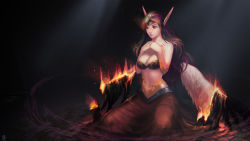 Rule 34 | 1girl, black wings, breasts, burning, circlet, cleavage, fire, highres, instant ip, league of legends, lips, long hair, md5 mismatch, medium breasts, morgana (league of legends), pointy ears, purple hair, red eyes, sitting, solo, wings