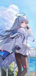 Rule 34 | 1girl, absurdres, blue archive, grey hair, highres, iv (iv70311741), long hair, long sleeves, noa (blue archive), outdoors, purple eyes, smile, solo, thighhighs