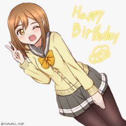 Rule 34 | 1girl, ;), artist name, artist request, blush, bow, bowtie, breasts, brown eyes, brown hair, buttons, cardigan, collarbone, eyebrows, female focus, grey sailor collar, grey skirt, hair between eyes, hand on own knee, kunikida hanamaru, layered skirt, light brown hair, long hair, long sleeves, looking at viewer, love live!, love live! sunshine!!, miniskirt, one eye closed, orange bow, parted lips, plaid, plaid skirt, pleated, pleated skirt, sailor collar, school uniform, skirt, sleeves past wrists, small breasts, smile, solo, sweater, uranohoshi school uniform, v, wink, yellow cardigan, yellow eyes, yellow sweater
