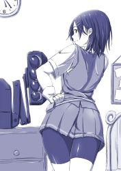 Rule 34 | 10s, 1girl, ass, bed, bike shorts, bulletin board, chest of drawers, clock, commentary request, finger to mouth, from behind, gloves, greyscale, hair ornament, hairclip, hand on own hip, highres, kantai collection, kuroshio (kancolle), legs together, looking at viewer, looking back, machinery, monochrome, niwatazumi, pleated skirt, rigging, school uniform, shadow, shirt, short hair, short sleeves, shorts, shorts under skirt, sketch, skirt, smile, solo, torpedo, vest