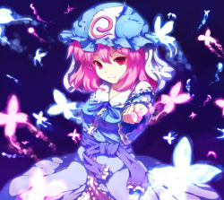 Rule 34 | 1girl, bad id, bad pixiv id, beckoning, bug, butterfly, female focus, glowing, hat, highres, insect, japanese clothes, looking at viewer, muneyuki, nail polish, outstretched arm, pink eyes, pink hair, pink nails, reaching, saigyouji yuyuko, short hair, smile, solo, touhou