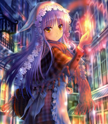 Rule 34 | 10s, 1girl, :/, angel beats!, apron, basket, blurry, blush, building, capelet, closed mouth, depth of field, eyebrows, fire, frilled apron, frills, from side, goto p, hat, head tilt, highres, holding, light purple hair, little match girl, long sleeves, matches, night, outdoors, plaid, plaid skirt, railing, scan, scarf, skirt, solo, tenshi (angel beats!), yellow eyes