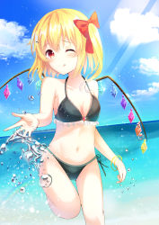 Rule 34 | 1girl, ;q, absurdres, bad id, bad pixiv id, bikini, black bikini, blonde hair, blue sky, cloud, cloudy sky, collarbone, day, flandre scarlet, frilled bikini, frills, highres, kofumi (nxme5555), leg up, light rays, looking at viewer, ocean, one eye closed, outdoors, red eyes, sky, smile, solo, swimsuit, tongue, tongue out, touhou, water, wings