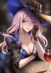 Rule 34 | 1girl, alcohol, black dress, black gloves, black hat, blue eyes, breasts, cleavage, cup, dress, drinking glass, gloves, hand up, hat, highres, honkai: star rail, honkai (series), jade (honkai: star rail), large breasts, long hair, looking at viewer, pink hair, smile, solleen, solo, very long hair, wine, wine glass