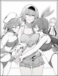 Rule 34 | 4girls, amber (genshin impact), antlers, bow, breasts, character request, cleavage, closed eyes, collarbone, eula (genshin impact), facing another, food, genshin impact, greyscale, hair between eyes, hair bow, hairband, hat, highres, holding, holding food, holding hands, horns, long hair, looking at another, melting, monochrome, multiple girls, navel, open mouth, popsicle, sara (genshin impact), smile, sweat, swimsuit, syatey, yanfei (genshin impact)