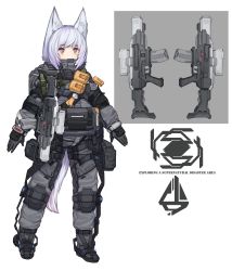 Rule 34 | 1girl, absurdres, animal ears, assault rifle, character sheet, commentary, exoskeleton, fox ears, full body, gloves, gun, highres, load bearing equipment, original, polygonal suppressor, pouch, puremage, rifle, science fiction, short hair, silver hair, solo, suppressor, tail, weapon, white background