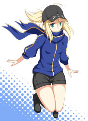 Rule 34 | 1girl, ahoge, artoria pendragon (fate), baseball cap, blonde hair, blue scarf, blush, fate/stay night, fate (series), green eyes, hat, highres, jacket, mysterious heroine x (fate), ponytail, rojiura satsuki : chapter heroine sanctuary, saber (fate), scarf, shorts, solo, syou (crecre), thighs, track jacket