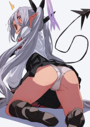 Rule 34 | 1girl, armband, ass, black footwear, black socks, black skirt, blue archive, blush, boots, crotch seam, ear blush, fu-ta, grey hair, halo, highres, iori (blue archive), kneehighs, long hair, long sleeves, looking at viewer, open mouth, panties, pointy ears, red eyes, shirt, simple background, skirt, socks, solo, tail, twintails, underwear, very long hair, white panties, white shirt