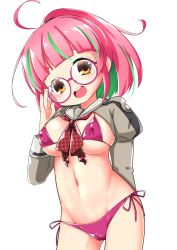 Rule 34 | 1girl, ahoge, arm behind back, bikini, blunt bangs, blush, breasts, covered erect nipples, glasses, green hair, juliet sleeves, kantai collection, long sleeves, looking at viewer, medium breasts, multicolored hair, nassukun, neckerchief, orange eyes, pink-framed eyewear, pink hair, ponytail, puffy sleeves, red neckerchief, shrug (clothing), side-tie bikini bottom, simple background, solo, swimsuit, ume (kancolle), white background