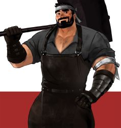 Rule 34 | 1boy, abs, apron, bandaged arm, bandages, bara, beard, biceps, black eyes, black hair, blacksmith, blush, collared shirt, dirty, dirty clothes, dirty face, dopey (dopq), facial hair, gauntlets, hammer, hand on own hip, highres, looking at viewer, male focus, manly, mature male, muscular, muscular male, original, over shoulder, pants, pectoral cleavage, pectorals, shirt, short sleeves, solo, spiked hair, thick arms, thick eyebrows, thick thighs, thighs, weapon, weapon over shoulder