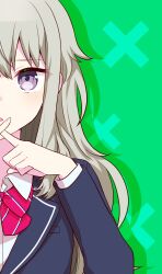 Rule 34 | 1girl, bow, bowtie, collared shirt, commentary request, green background, green hair, highres, index finger raised, kamiyama high school uniform (project sekai), kusanagi nene, lapels, long hair, long sleeves, looking at viewer, open mouth, project sekai, purple eyes, school uniform, shirt, solo, striped bow, striped bowtie, striped clothes, teneko02, upper body, x