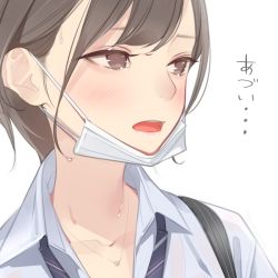 Rule 34 | 1girl, ama mitsuki, bag, blush, brown eyes, brown hair, close-up, collarbone, commentary, eyebrows, eyelashes, jewelry, mask, mask around neck, mouth mask, neck, necklace, necktie, nose, open mouth, original, school bag, school uniform, short hair, solo, sweat, white background