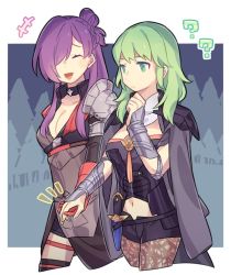 Rule 34 | 2girls, ?, ??, armor, breasts, byleth (female) (fire emblem), byleth (fire emblem), cape, cleavage, closed eyes, closed mouth, collar, collarbone, confused, fire emblem, fire emblem: three houses, fire emblem warriors: three hopes, gloves, green eyes, green hair, haconeri, hair bun, hair over one eye, hand on own chin, happy, holding hands, knife, long hair, medium breasts, medium hair, multiple girls, nintendo, pantyhose, pantyhose under shorts, purple hair, red gloves, shez (female) (fire emblem), shez (fire emblem), shorts, simple background, single hair bun, smile, thighhighs