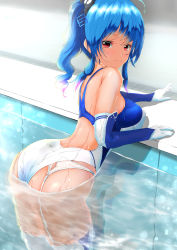 Rule 34 | 1girl, ass, azur lane, backless outfit, blue hair, breasts, competition swimsuit, elbow gloves, garter-velvet, garter belt, garter straps, gloves, highres, large breasts, long hair, looking at viewer, looking back, one-piece swimsuit, outdoors, partially immersed, partially submerged, pool, poolside, red eyes, side ponytail, smile, solo, st. louis (azur lane), swimsuit, thighhighs, wet, wet clothes, wet swimsuit