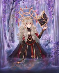 Rule 34 | 1girl, bad id, bad pixiv id, book, cape, crown, fire emblem, fire emblem heroes, flower, forest, leaf, lijupy, long hair, nature, nintendo, red eyes, reflection, solo, tree, veronica (fire emblem), water, white hair