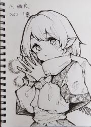 Rule 34 | 1girl, arm warmers, breath, corrupted twitter file, dated, greyscale, highres, looking at viewer, medium hair, mizuhashi parsee, monochrome, mouryou (chimimouryou), palms together, photo (medium), pointy ears, sash, scarf, signature, simple background, solo, touhou, traditional media