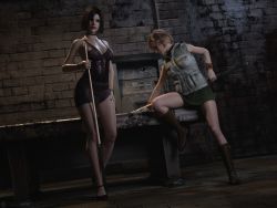 Rule 34 | 2girls, 3d, absurdres, artist request, billard table, blonde hair, breasts, brown hair, cleavage, dress, eileen galvin, full body, heather mason, highres, lips, looking at viewer, medium breasts, multiple girls, playing games, short hair, silent hill, silent hill (series), silent hill 3, silent hill 4: the room, sitting, standing, wide hips