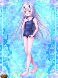 Rule 34 | 1girl, barefoot, blue background, blue one-piece swimsuit, blush, copyright name, full body, hand up, kerberos blade, long hair, magia steam, official art, one-piece swimsuit, solo, standing, swimsuit, very long hair, watermark, white hair, yellow eyes