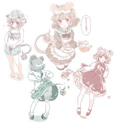 Rule 34 | 1girl, alternate costume, animal ears, apron, barefoot, basket, bird, black thighhighs, bloomers, blush, brown footwear, cinderella bust, cup, dress, enmaided, female focus, flower, flying sweatdrops, from behind, grey dress, grey hair, heart, jewelry, looking at viewer, maid, maid apron, maroon skirt, mary janes, mitsumoto jouji, mouse (animal), mouse ears, mouse tail, nazrin, pale color, pendant, petticoat, red eyes, sailor collar, saucer, shoes, short dress, short hair, sideways glance, solo, tail, tea, teapot, thighhighs, toes, touhou, translation request, underwear, underwear only, upskirt, white background, zettai ryouiki