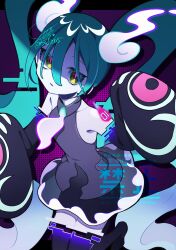 Rule 34 | aishirooto214, aqua hair, bare shoulders, black thighhighs, creatures (company), detached sleeves, game freak, ghost, ghost miku (project voltage), glitch, gradient hair, grey shirt, hair between eyes, hatsune miku, highres, looking at viewer, multicolored hair, necktie, nintendo, pale skin, pokemon, project voltage, see-through, see-through skirt, shirt, skirt, thighhighs, twintails, vocaloid, will-o&#039;-the-wisp (mythology), yellow eyes