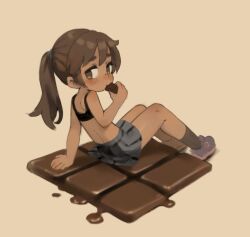 1girl arm_support black_bra black_socks blush bra brown_eyes brown_hair candy chocolate eating female_focus from_behind grey_skirt holding_candy holding_food kneehighs knees_up looking_at_viewer looking_back medium_hair no_shirt original paid_reward_available pleated_skirt ponytail qtkat simple_background sitting skirt socks solo underwear yellow_background