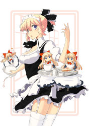 Rule 34 | 1girl, alice margatroid, alternate costume, alternate hairstyle, apron, blonde hair, blue eyes, blush, bow, bowtie, breasts, cake, cleavage, doll, enmaided, face, female focus, food, frills, garter straps, hair bow, highres, maid, maid apron, no nose, ponytail, shanghai doll, short hair, short ponytail, solo, spill, staring, tea, tea set, thighhighs, touhou, tray, uro (urotanc), wide-eyed