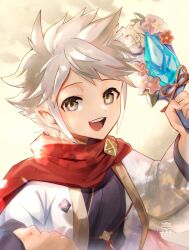 Rule 34 | 1boy, fire emblem, fire emblem fates, fire emblem heroes, grey eyes, grey hair, kana (fire emblem), kana (male) (fire emblem), kana (male) (rising dragon) (fire emblem), new year, nintendo, official alternate costume, oh01861884, open mouth, paddle, pointy ears, red sash, sash, solo, spiked hair, teeth, upper body, upper teeth only