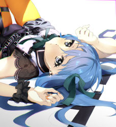Rule 34 | 1girl, blue eyes, blue hair, blue skirt, breasts, closed mouth, commentary request, eyelashes, feet out of frame, film grain, green ribbon, hair between eyes, hair ribbon, hands up, hazuki yuzuru, highres, hololive, hoshimachi suisei, hoshimachi suisei (streetwear), lace sleeves, lens flare, long hair, looking at viewer, lying, nail polish, official alternate costume, on back, on floor, orange nails, orange pantyhose, pantyhose, ribbon, shadow, shirt, short sleeves, sidelocks, skirt, small breasts, solo, star (symbol), star in eye, symbol in eye, virtual youtuber, white shirt