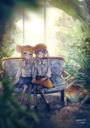 Rule 34 | 2girls, animal ears, blonde hair, blue eyes, blunt bangs, bow, bowtie, collared shirt, couch, freckles, hair ribbon, highres, holding hands, indie virtual youtuber, indoors, long hair, long sleeves, looking at viewer, mouse ears, mouse girl, multiple girls, naname (7name), pantyhose, plant, ribbon, shirt, sitting, skirt, twintails, virtual youtuber, window, yamada suzume