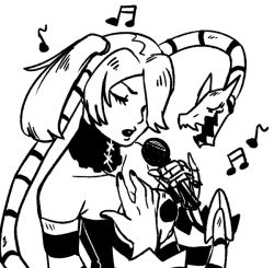 Rule 34 | 1girl, bare shoulders, breasts, cleavage, detached collar, detached sleeves, closed eyes, greyscale, hair over one eye, leviathan (skullgirls), long hair, microphone, monochrome, music, musical note, side ponytail, singing, skull, skullgirls, solo, squigly (skullgirls), striped, striped sleeves, xuunies, zombie