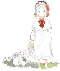 Rule 34 | 2girls, albino, arms at sides, barefoot, bonnet, bow, bowtie, butterfly hair ornament, capelet, child, commentary, dress, ezu (e104mjd), faceplant, flower, frilled capelet, frilled dress, frilled hairband, frilled sleeves, frills, grass, hair flower, hair ornament, hairband, holding hands, lying, multiple girls, on ground, on stomach, original, pale skin, red bow, red bowtie, red eyes, red flower, short hair, sketch, standing, symbol-only commentary, white background, white capelet, white dress, white hair