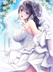 Rule 34 | 1girl, bare shoulders, black hair, blue eyes, blue sky, blush, breasts, bridal gauntlets, bridal veil, clothes lift, dakikano, dress, dress lift, elbow gloves, gloves, highres, large breasts, lifted by self, long hair, looking at viewer, official art, open mouth, sideboob, sky, smile, solo, standing, veil, wedding dress, white dress, white gloves, window