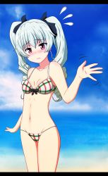 Rule 34 | 10s, 1girl, anchovy (girls und panzer), bad id, bad pixiv id, beach, bikini, blush, breasts, day, drill hair, girls und panzer, green hair, groin, hair ribbon, highres, letterboxed, medium breasts, navel, ocean, outdoors, plaid, plaid bikini, red eyes, ribbon, sky, solo, swimsuit, tom-ani, twintails