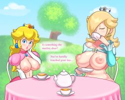Rule 34 | 2girls, :o, blonde hair, blue earrings, blue eyes, blue sky, breasts, breasts out, chair, cleavage, closed eyes, clothes, cloud, crown, cup, curvy, day, ear piercing, earrings, elbow gloves, english text, facing viewer, functionally nude, gloves, grass, hair over one eye, highres, huge breasts, jewelry, large breasts, long hair, looking at viewer, mario (series), meadow, multiple girls, navel, nintendo, nipples, open clothes, outdoors, piercing, pink lips, pinky out, princess peach, puffy short sleeves, puffy sleeves, robe, rosalina, saucer, short sleeves, shrug (clothing), sitting, sky, sleepiitreat, sphere earrings, star (symbol), star earrings, super mario bros. 1, super mario galaxy, table, tea, teacup, teapot, text focus, topless, tree, white gloves