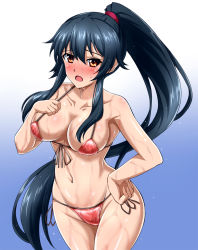Rule 34 | 1girl, bikini, black hair, blue background, blush, breasts, cleavage, collarbone, commentary request, cowboy shot, front-tie top, gradient background, hand on own hip, highres, kantai collection, large breasts, long hair, navel, open mouth, ponytail, red bikini, red eyes, scrunchie, side-tie bikini bottom, sidelocks, solo, swimsuit, wet, white background, yahagi (kancolle), zanntetu