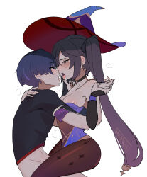 Rule 34 | 1boy, 1girl, after kiss, blue eyes, blue hair, blush, bottomless, breasts, choker, closed mouth, clothed sex, earrings, eye contact, french kiss, genshin impact, hand grab, hand on another&#039;s chin, hetero, highres, jewelry, kiss, large breasts, leotard, looking at another, memeh, mona (genshin impact), no pants, open mouth, pantyhose, purple hair, saliva, saliva trail, scaramouche (genshin impact), sex, shirt, short hair with long locks, simple background, sitting, sitting on lap, sitting on person, tongue, tongue out, twintails, white background