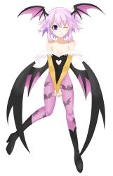 Rule 34 | 1girl, ;), animal print, bare shoulders, bat print, bat wings, black footwear, blush, boots, breasts, bridal gauntlets, capcom, chaoschao, cleavage, clothing cutout, cosplay, demon girl, feathers, female focus, flipped hair, full body, hair between eyes, head wings, heart, heart cutout, high heel boots, high heels, highleg, highleg leotard, highres, knee boots, leotard, light purple hair, looking at viewer, low wings, morrigan aensland, morrigan aensland (cosplay), neptune (neptunia), neptune (series), one eye closed, pantyhose, print pantyhose, purple eyes, purple hair, purple pantyhose, short hair, sidelocks, simple background, skinny, small breasts, smile, solo, strapless, strapless leotard, tanaka rie, v arms, vampire (game), voice actor connection, wings, wink